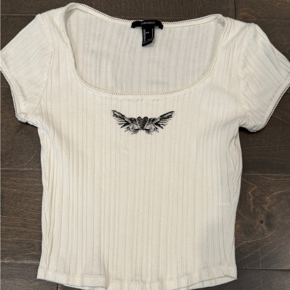 Forever 21 Cream Ribbed Tee with Black Embroidery